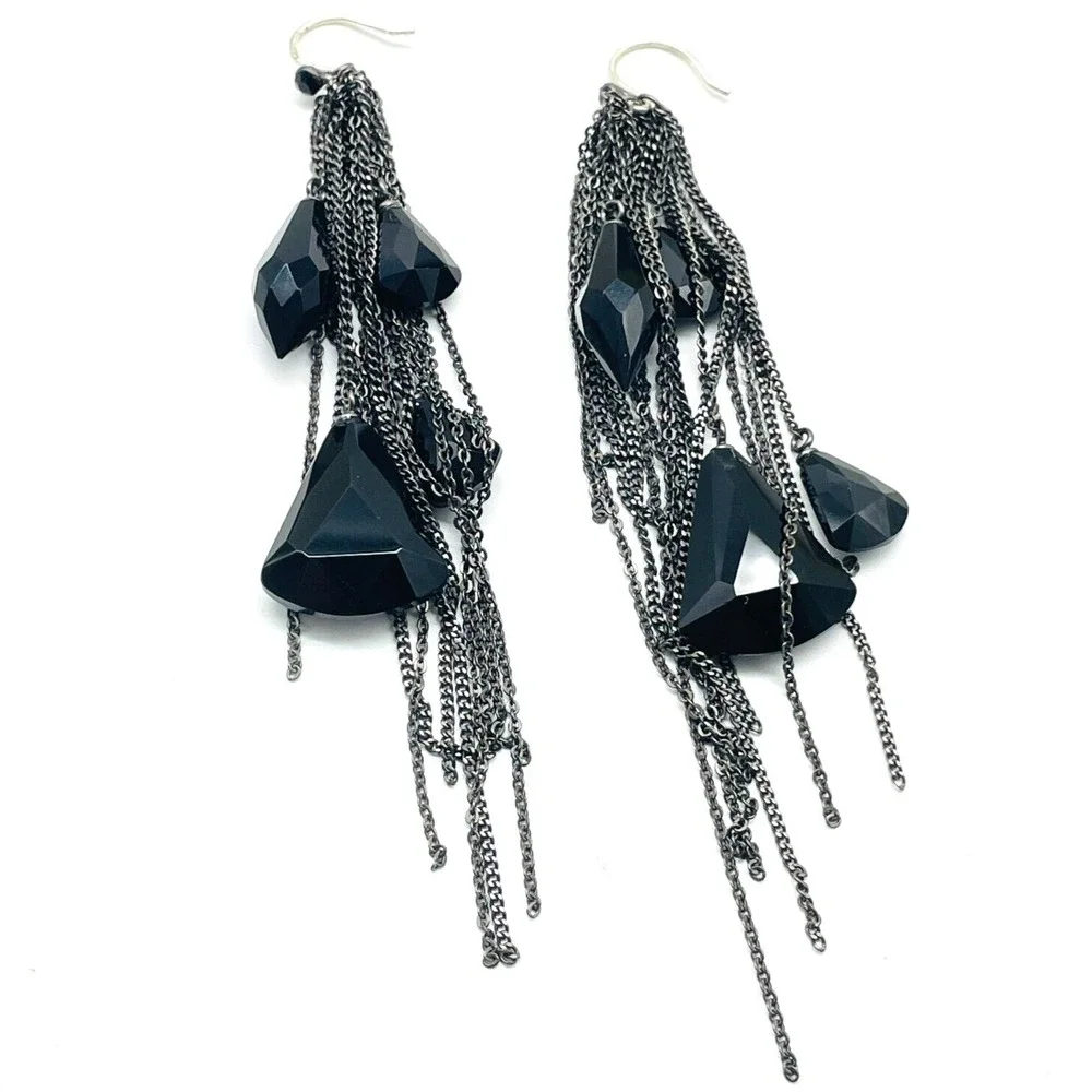 Vintage Black Tassel Pierced Earrings Chain Dangle Statement Boho Goth - Picture 2 of 9
